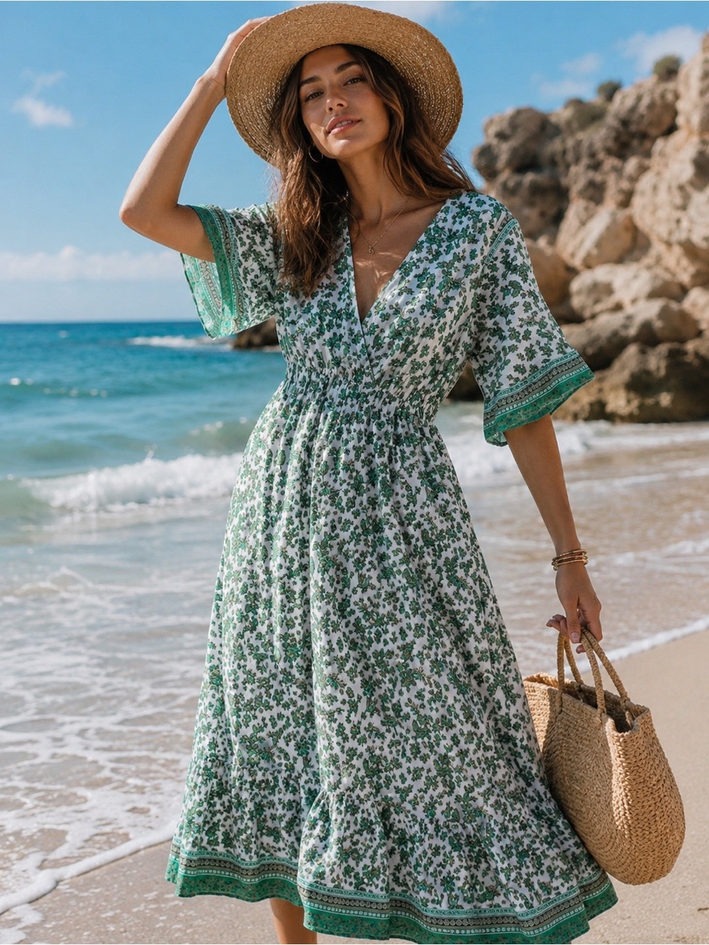 Lapogee Made in India Green Floral V-Neck Midi Dress. Size XL